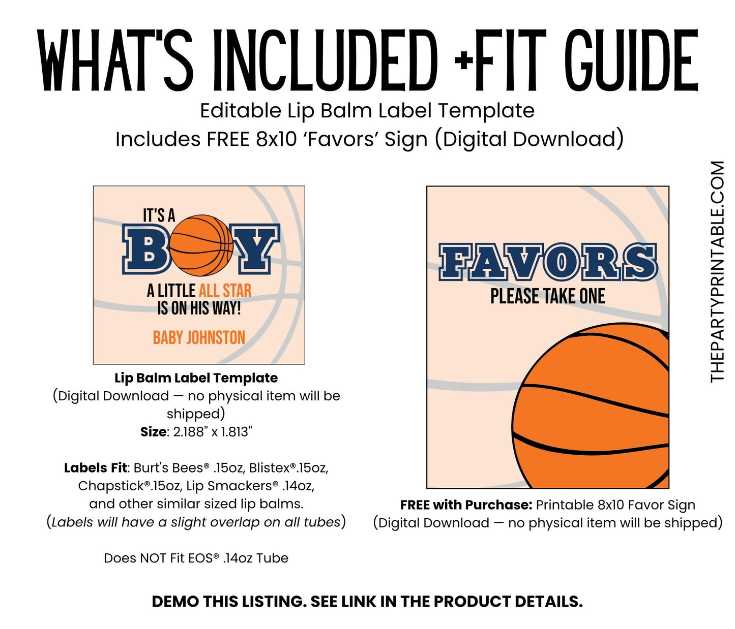 Basketball Lip Balm Label Template: Sports Baby Shower, Boy Favor