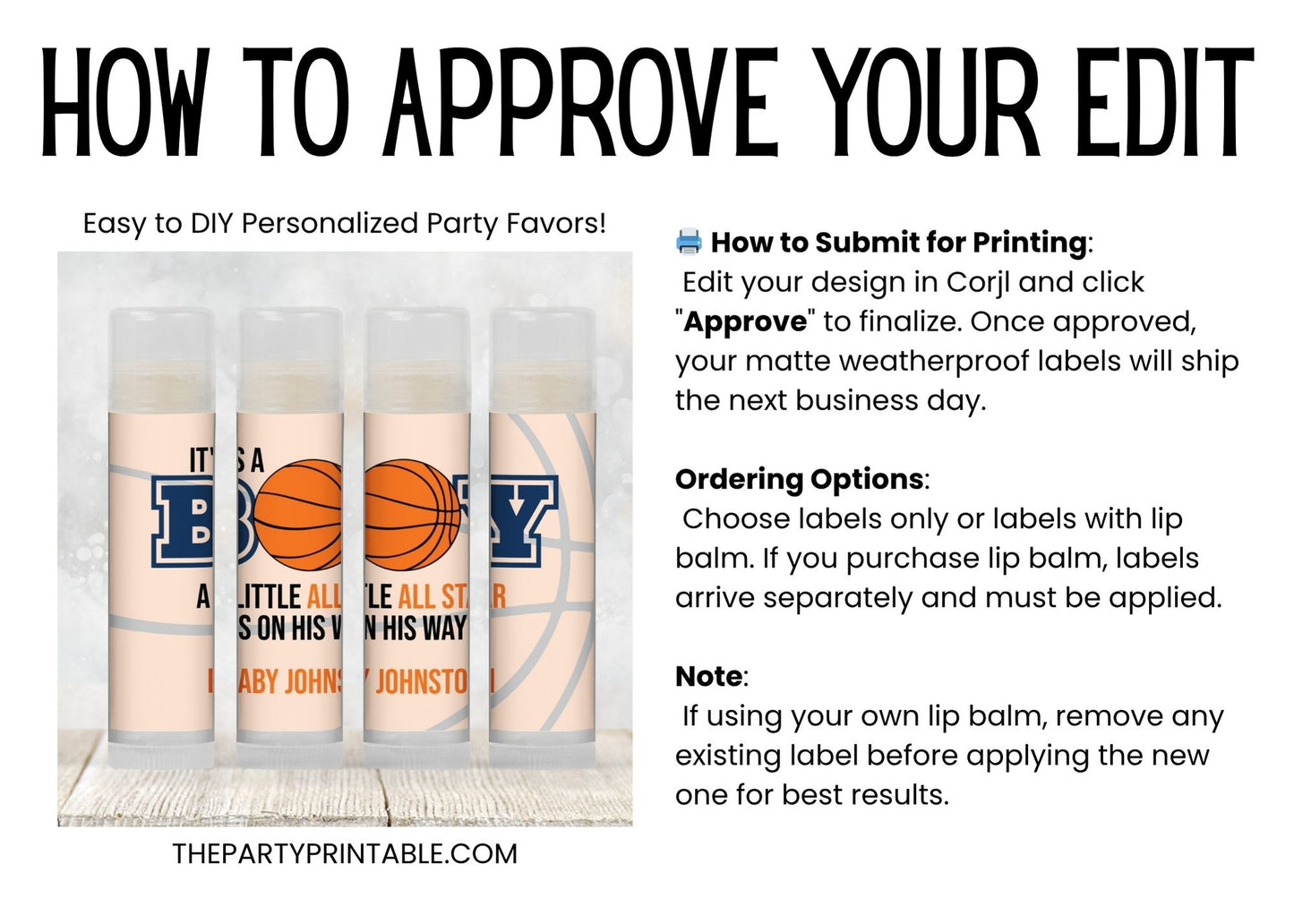 Basketball Baby Shower Favors Lip Balm PRINTED Labels or Lip Balm Favors | It’s a Boy Sports Theme | Orange Labels for Baby Boy Party 1001