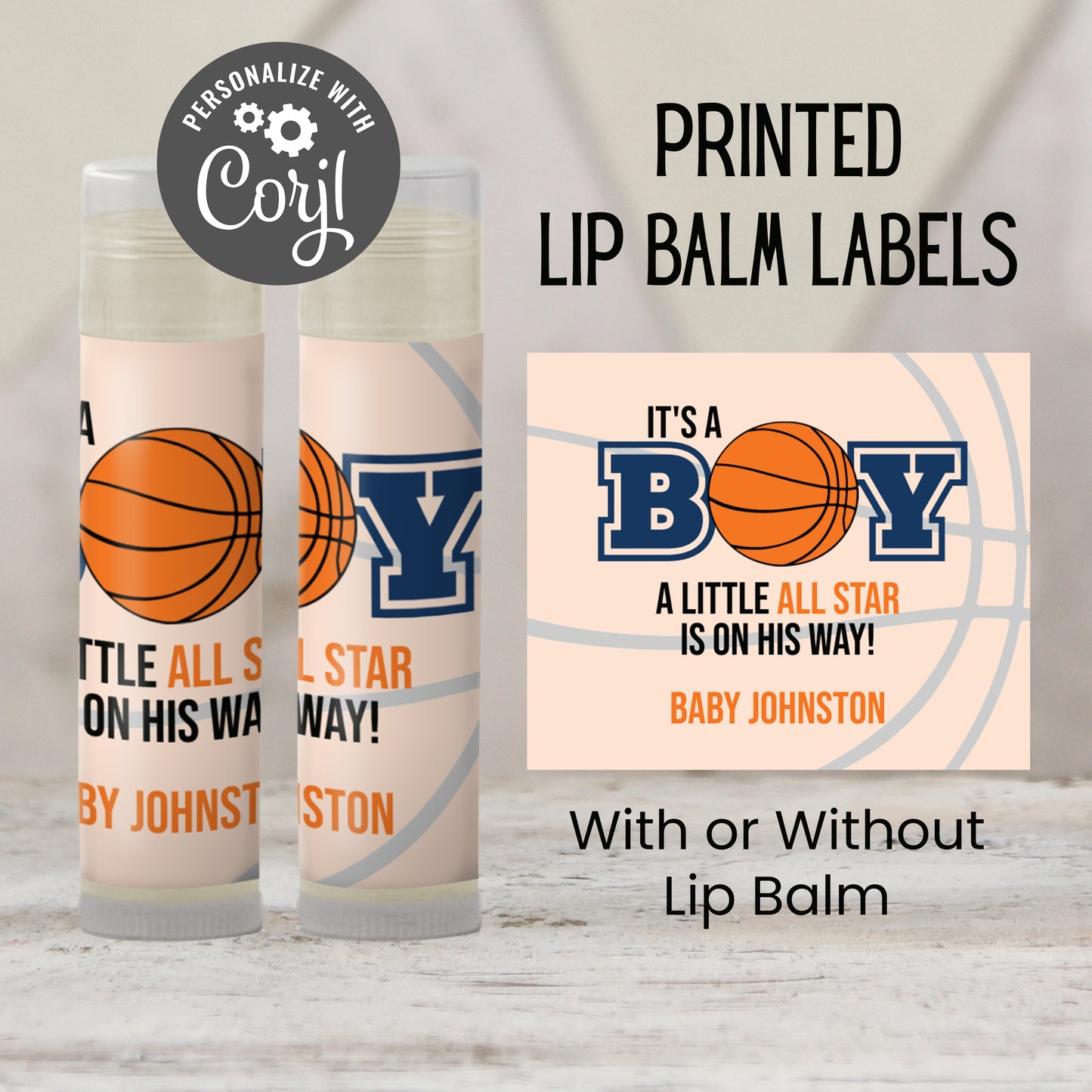 Basketball Baby Shower Favors Lip Balm PRINTED Labels or Lip Balm Favors | It’s a Boy Sports Theme | Orange Labels for Baby Boy Party 1001