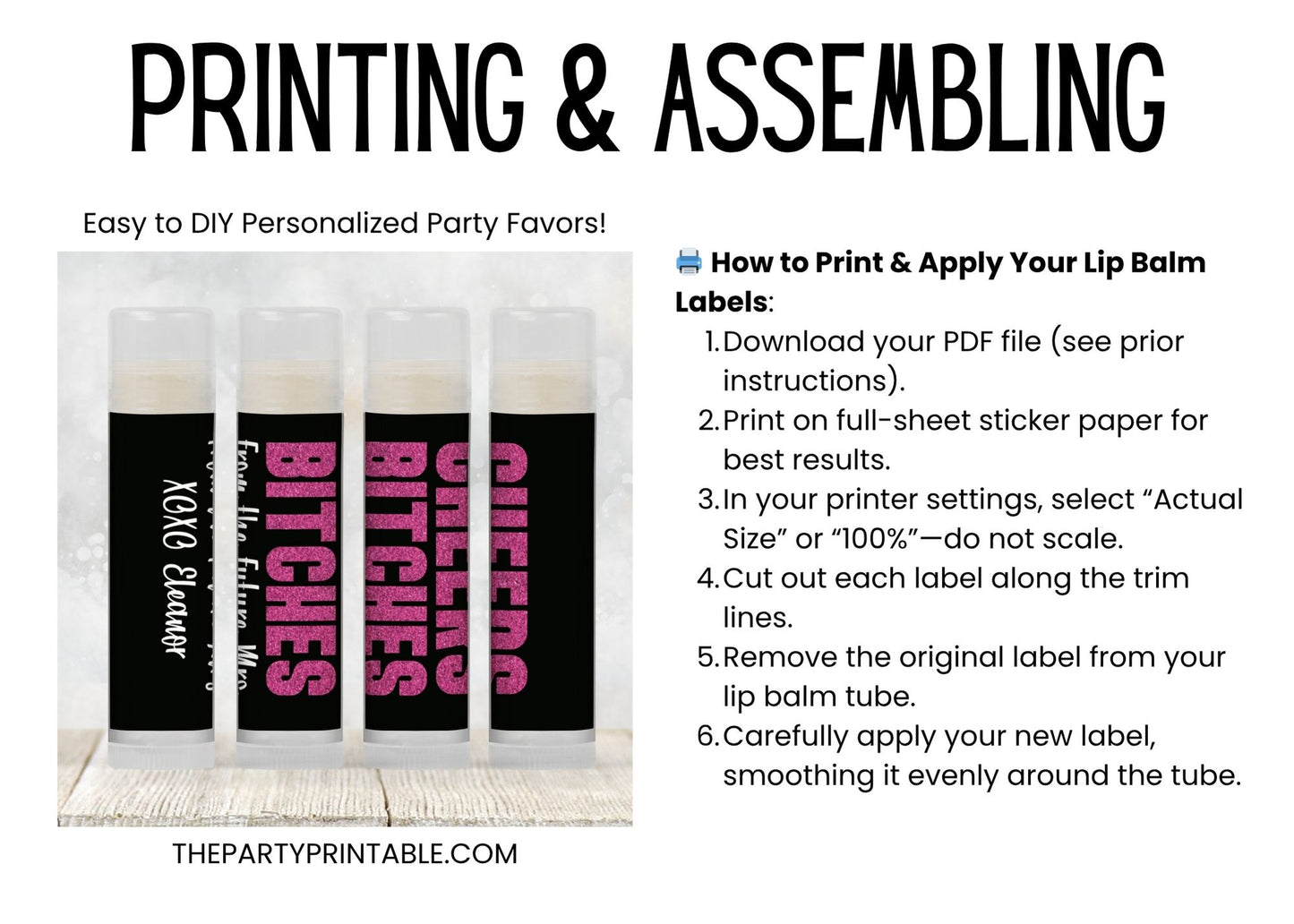 Cheers Bitches Chapstick Label Template: Bachelorette Party, Bride Favor
