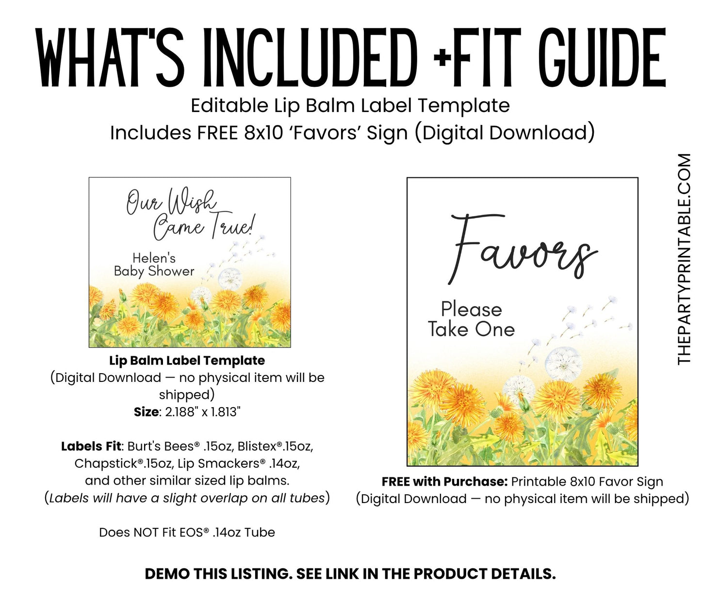 Dandelion Lip Balm Label Template: Baby Shower, Boho Wildflower Favor