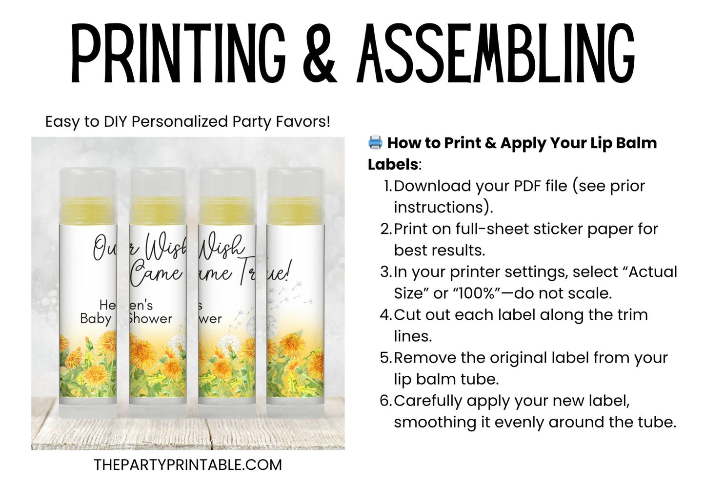 Dandelion Lip Balm Label Template: Baby Shower, Boho Wildflower Favor