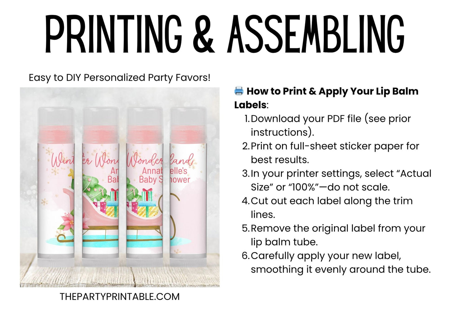 Pink Sleigh Baby Shower Lip Balm Label Template: Winter Wonderland Favor (Digital Download)