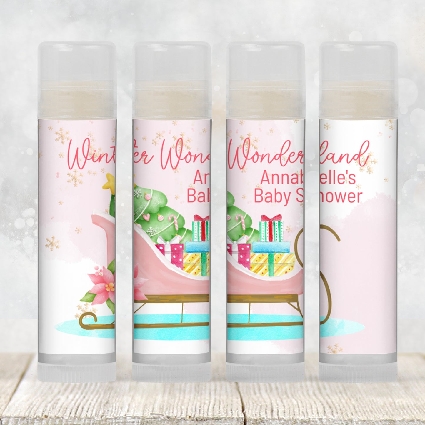 Pink Sleigh Baby Shower Lip Balm Favors: Winter Wonderland Guest Gift for Girls