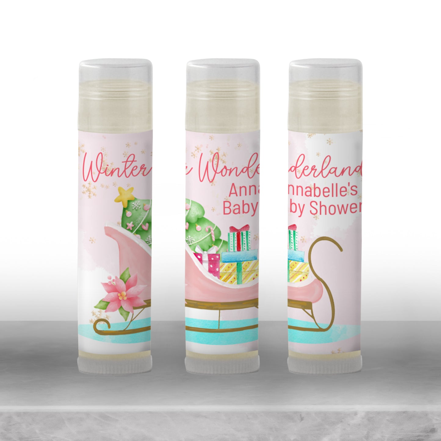 Pink Sleigh Baby Shower Lip Balm Favors: Winter Wonderland Guest Gift for Girls