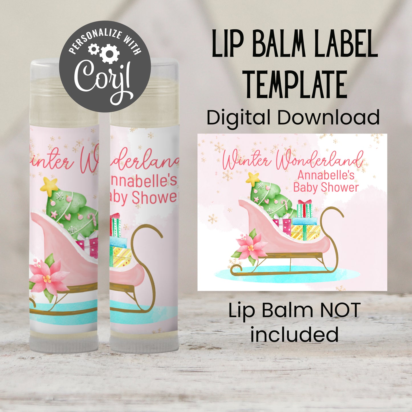 Pink Sleigh Baby Shower Lip Balm Label Template: Winter Wonderland Favor (Digital Download)