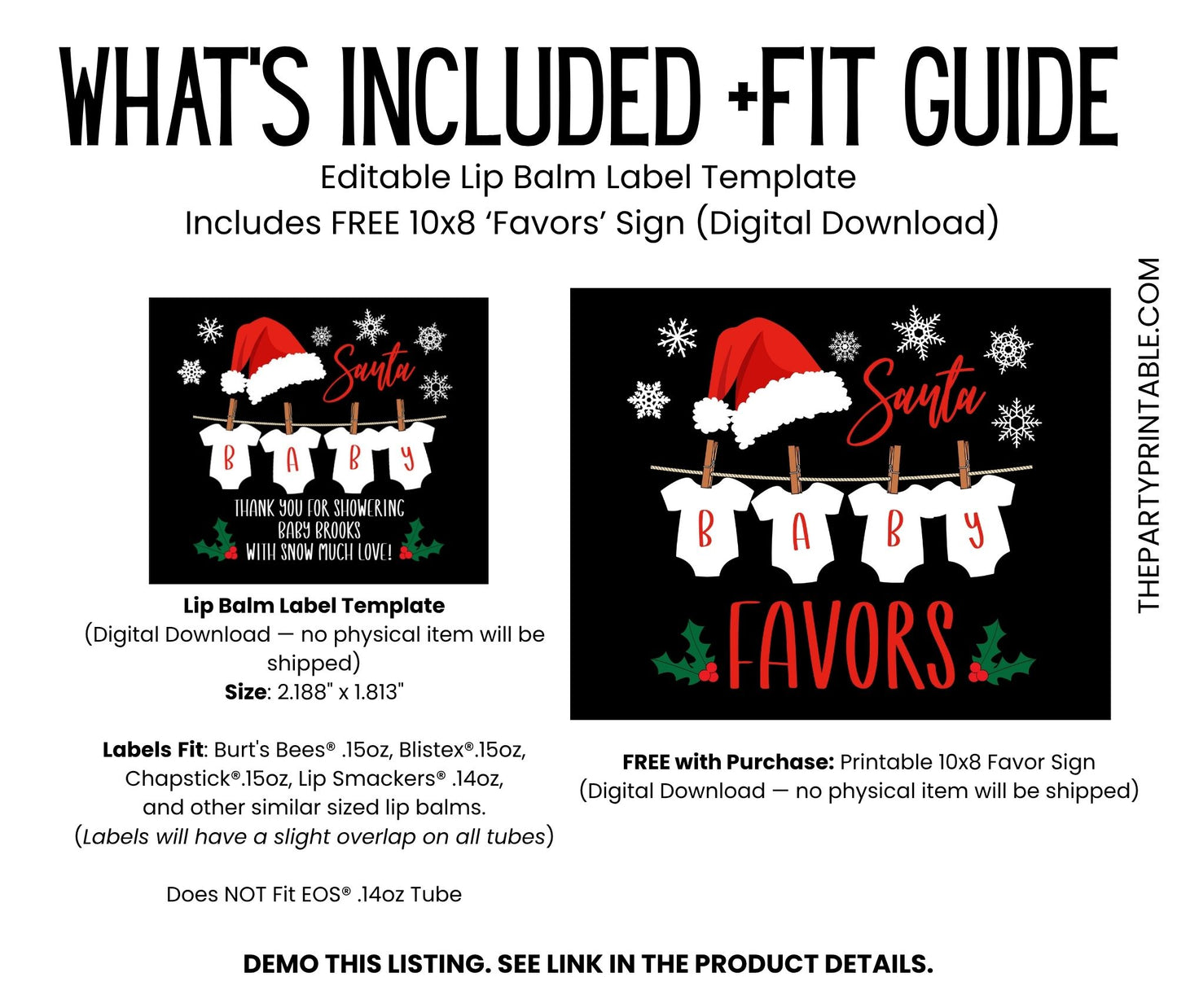 Santa Baby Baby Shower Lip Balm Label Template: Christmas Gender Reveal Favor (Digital Download)