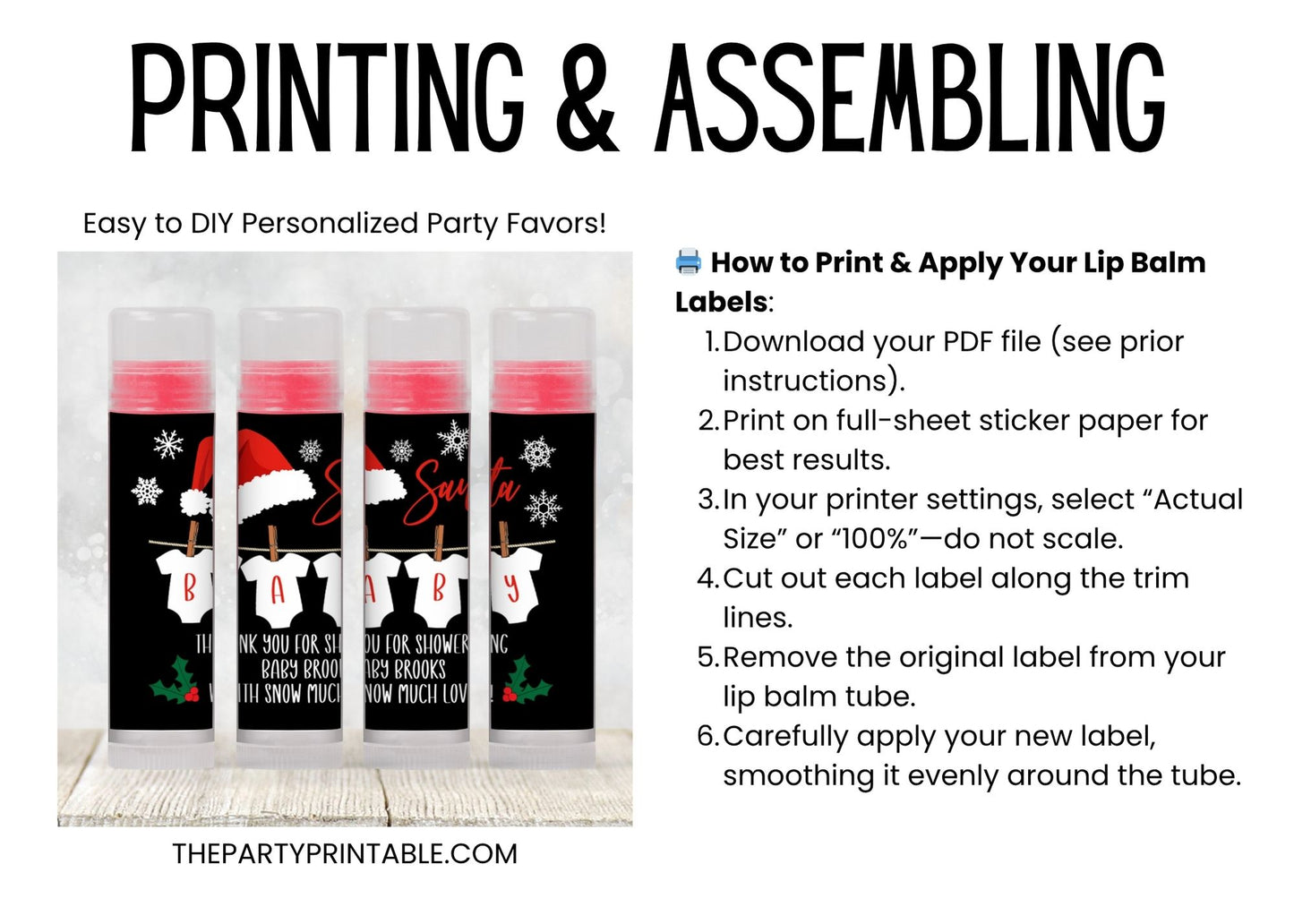 Santa Baby Baby Shower Lip Balm Label Template: Christmas Gender Reveal Favor (Digital Download)