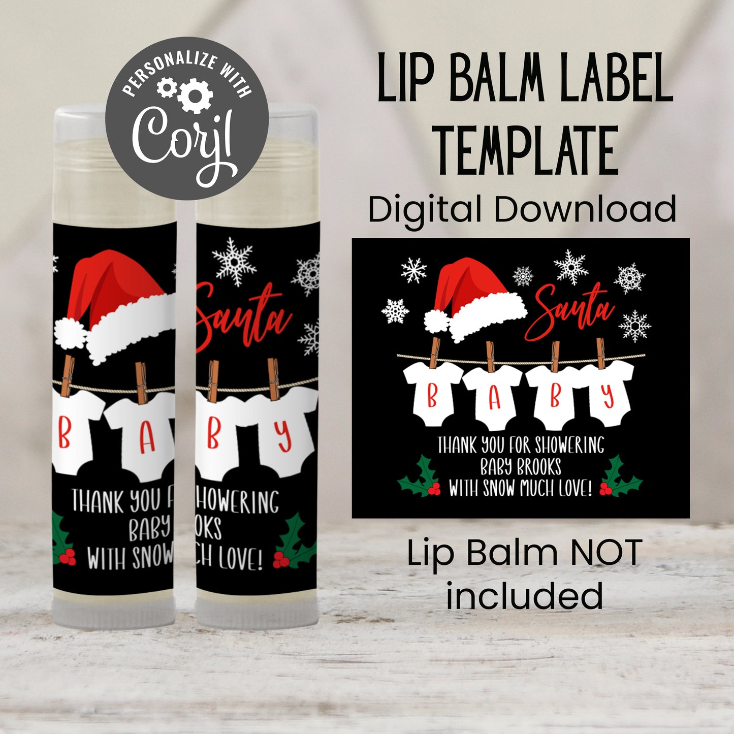 Santa Baby Baby Shower Lip Balm Label Template: Christmas Gender Reveal Favor (Digital Download)