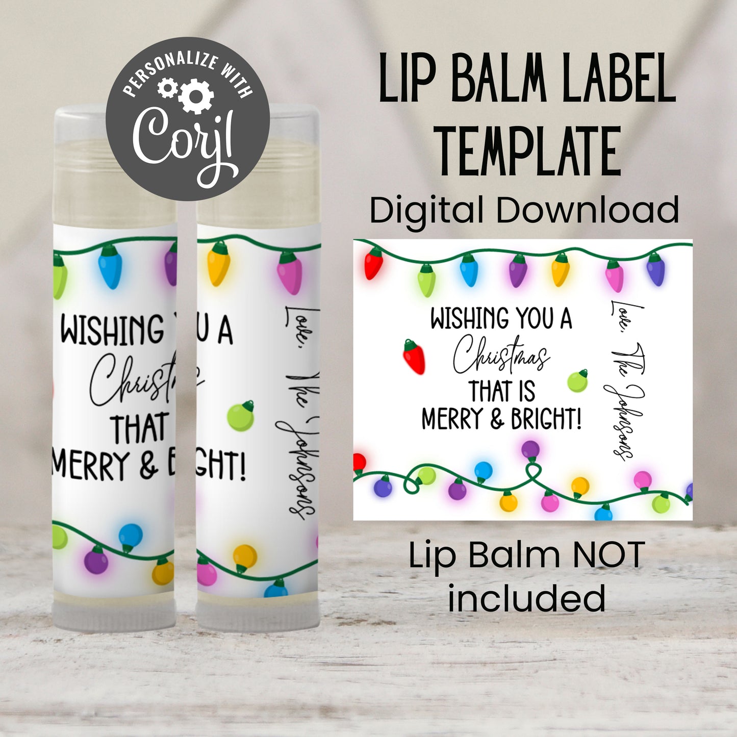 Merry and Bright Chapstick Label Template: Christmas Lights Holiday Favor