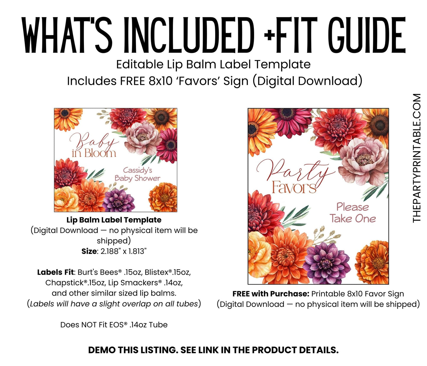 Baby in Bloom Lip Balm Label Template: Fall Baby Shower, Floral Favor
