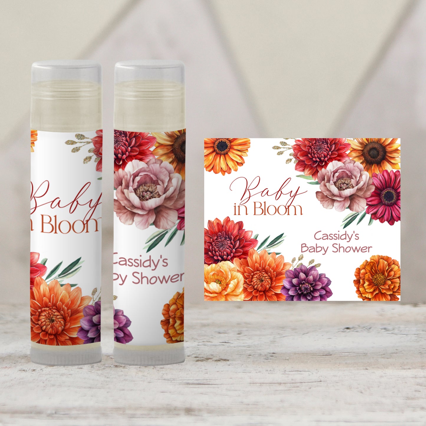 Baby in Bloom Chapstick Favors: Fall Baby Shower, Autumn Floral Gift