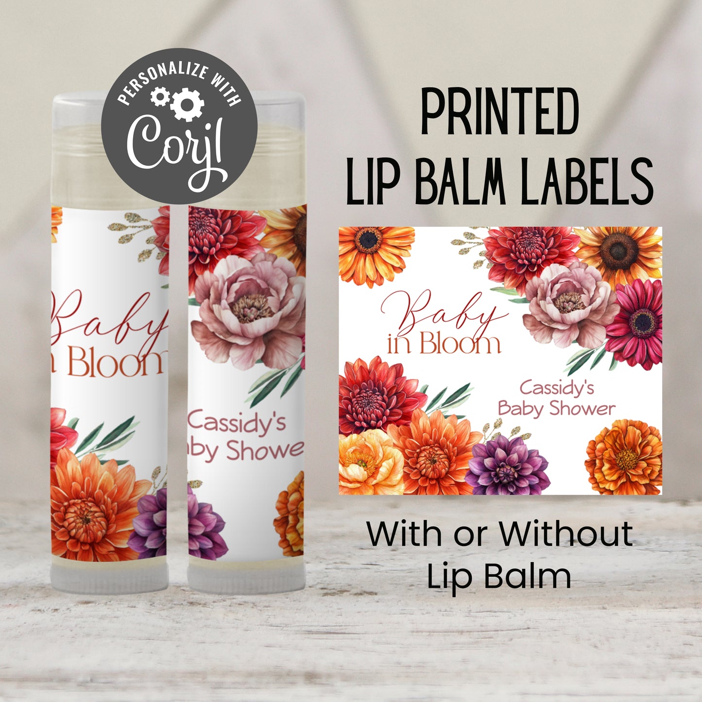 Baby in Bloom Chapstick Favors: Fall Baby Shower, Autumn Floral Gift