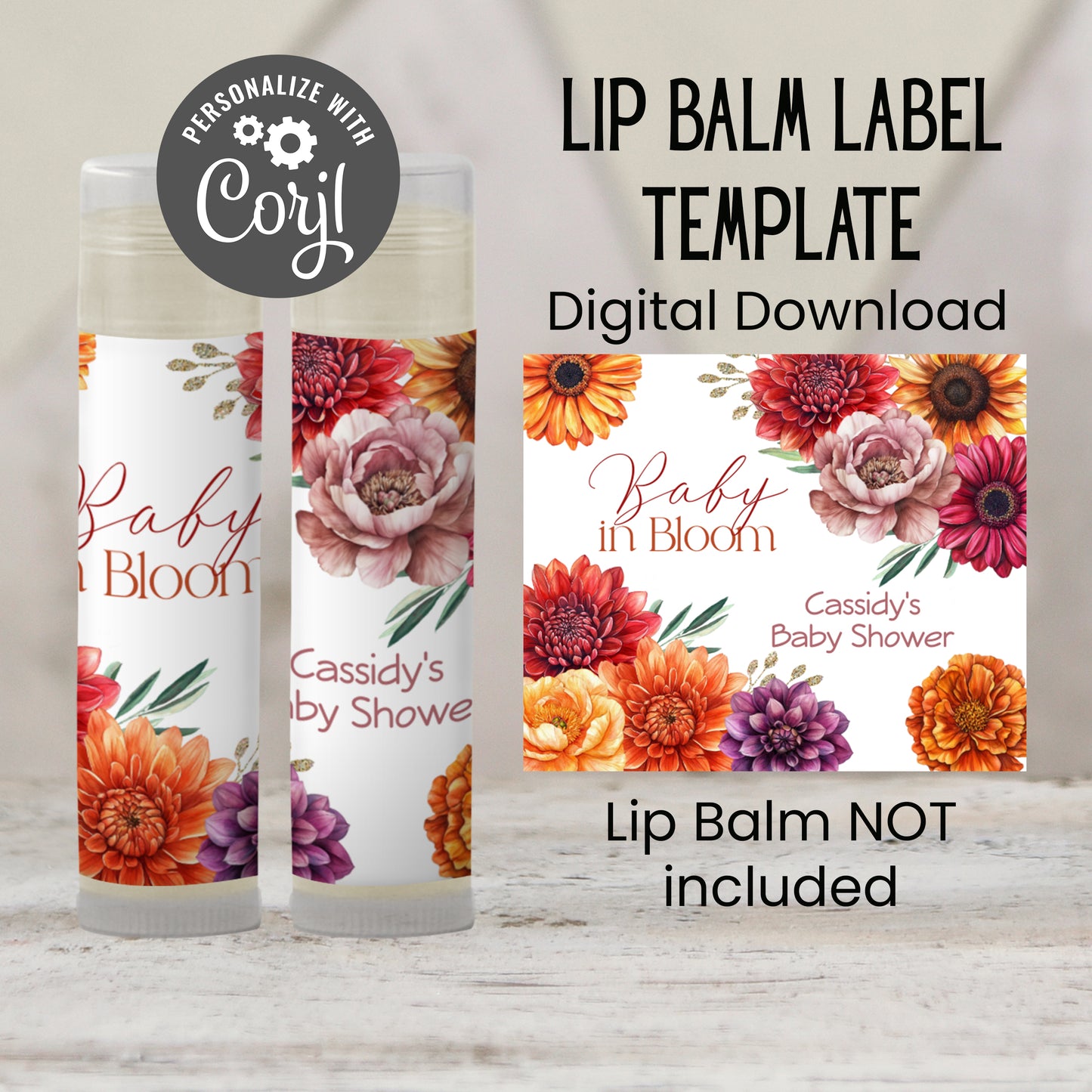 Baby in Bloom Lip Balm Label Template: Fall Baby Shower, Floral Favor