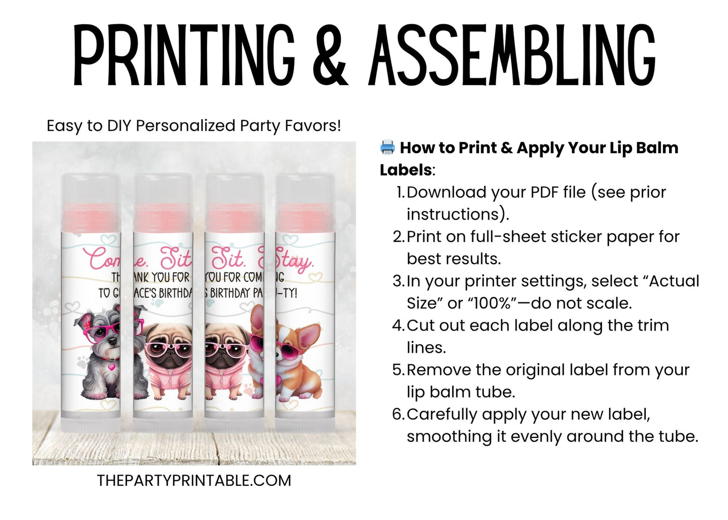 Puppy Party Chapstick Label Template: Dog Birthday, Kids Favor