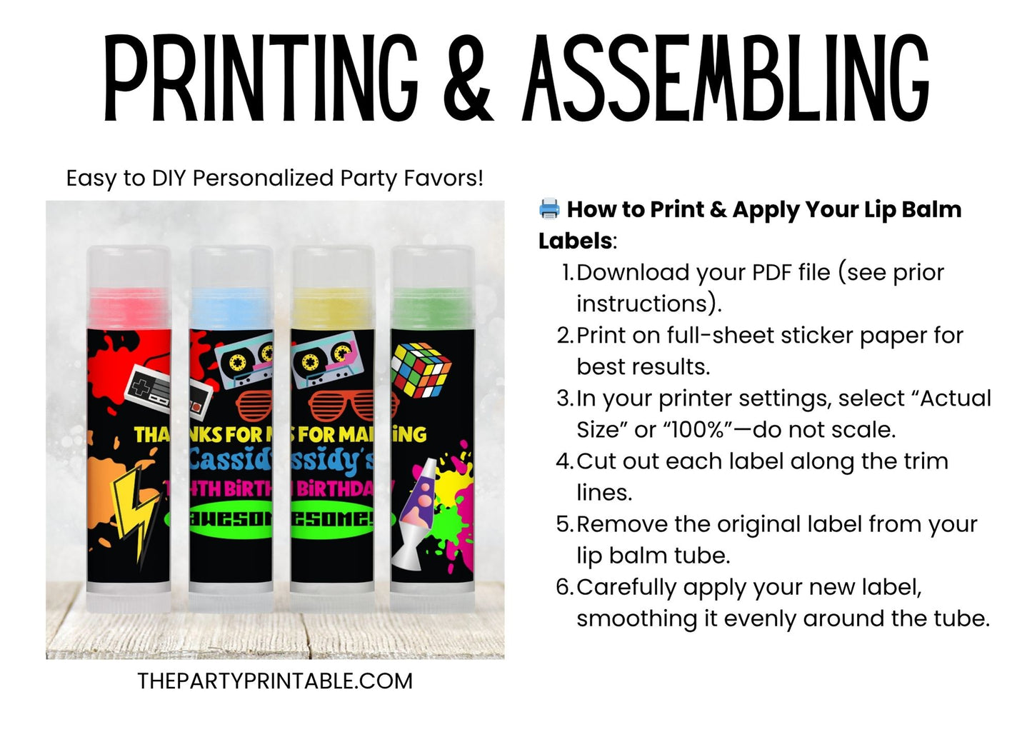 80s Neon Lip Balm Label Template: Retro Birthday, Totally 80s Favor