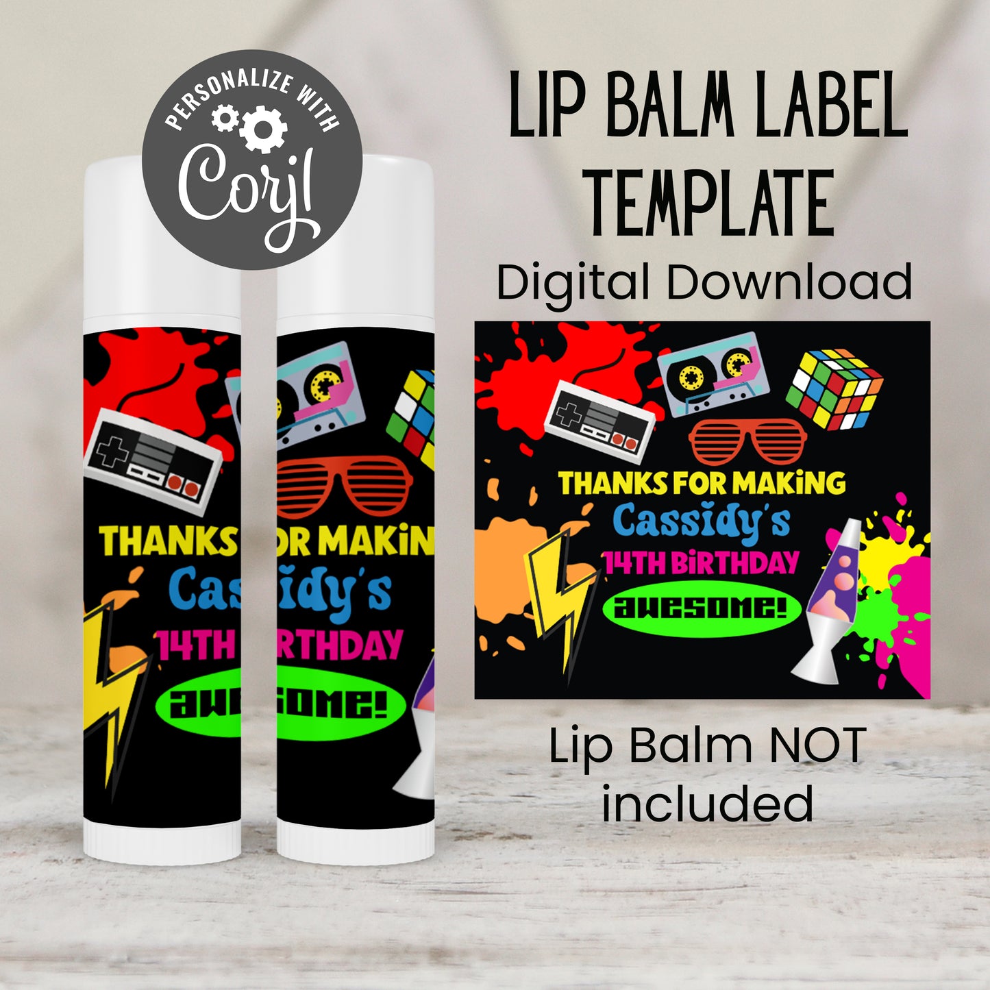 80s Neon Lip Balm Label Template: Retro Birthday, Totally 80s Favor