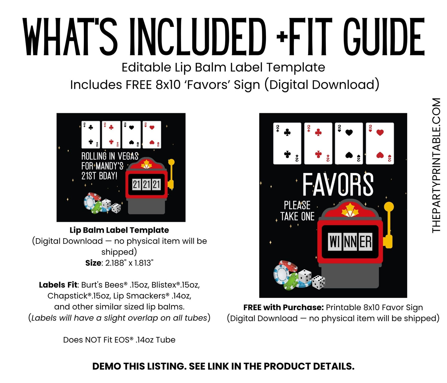 Casino Party Lip Balm Label Template: Vegas Birthday, Poker Night Favor