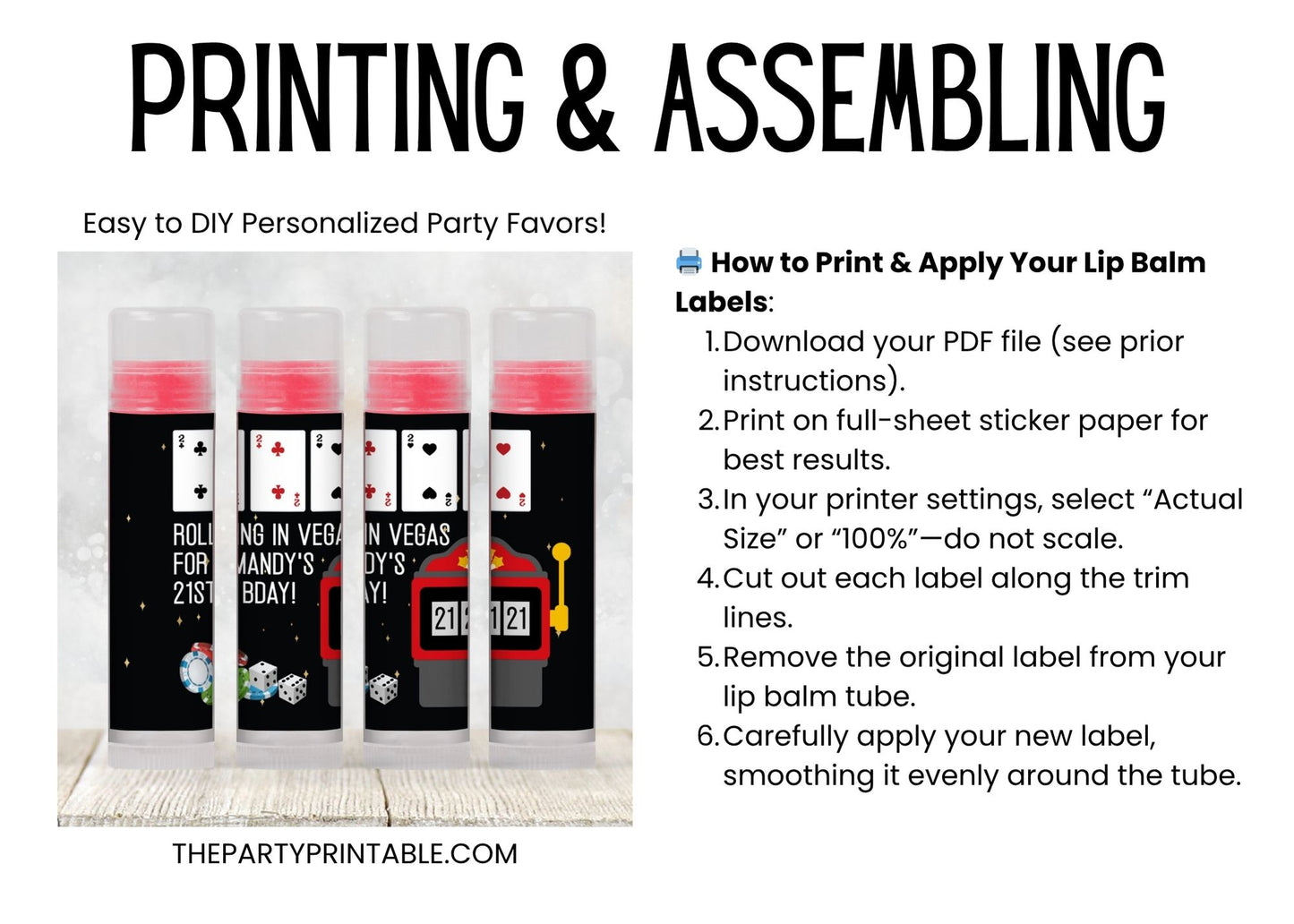 Casino Party Lip Balm Label Template: Vegas Birthday, Poker Night Favor