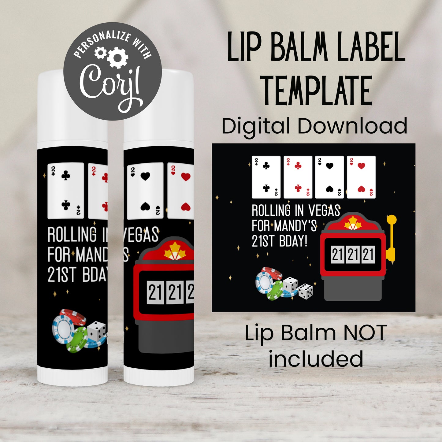 Casino Party Lip Balm Label Template: Vegas Birthday, Poker Night Favor