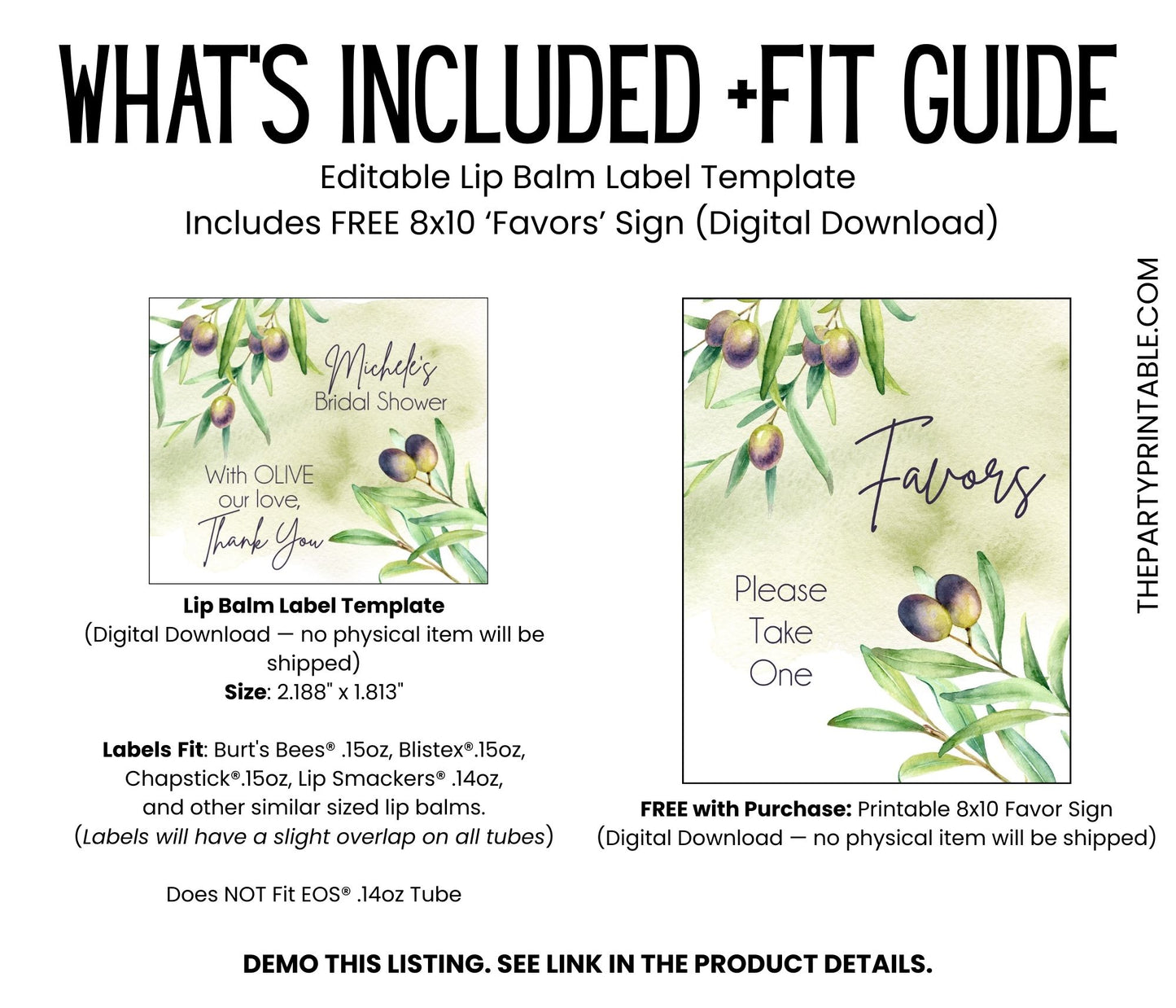 Olive Branch Bridal Shower Lip Balm Label Template: Tuscan Greenery Favor (Digital Download)
