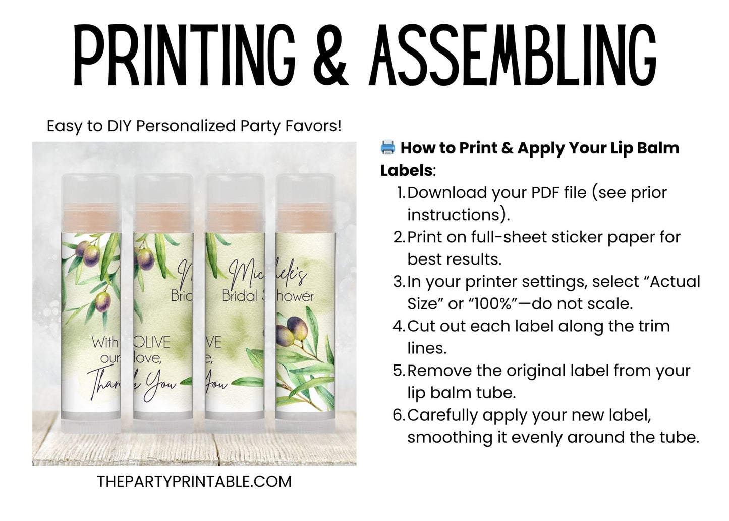 Olive Branch Bridal Shower Lip Balm Label Template: Tuscan Greenery Favor (Digital Download)