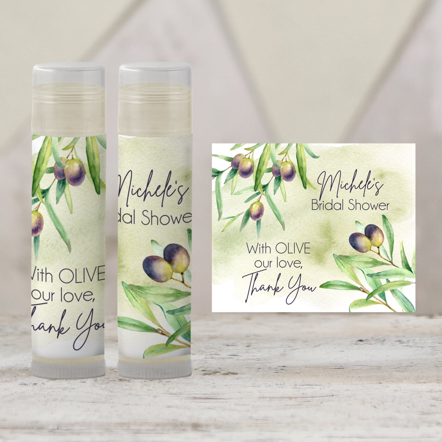 Olive Branch Bridal Shower Lip Balm Favors: Tuscan Greenery Wedding Guest Gift