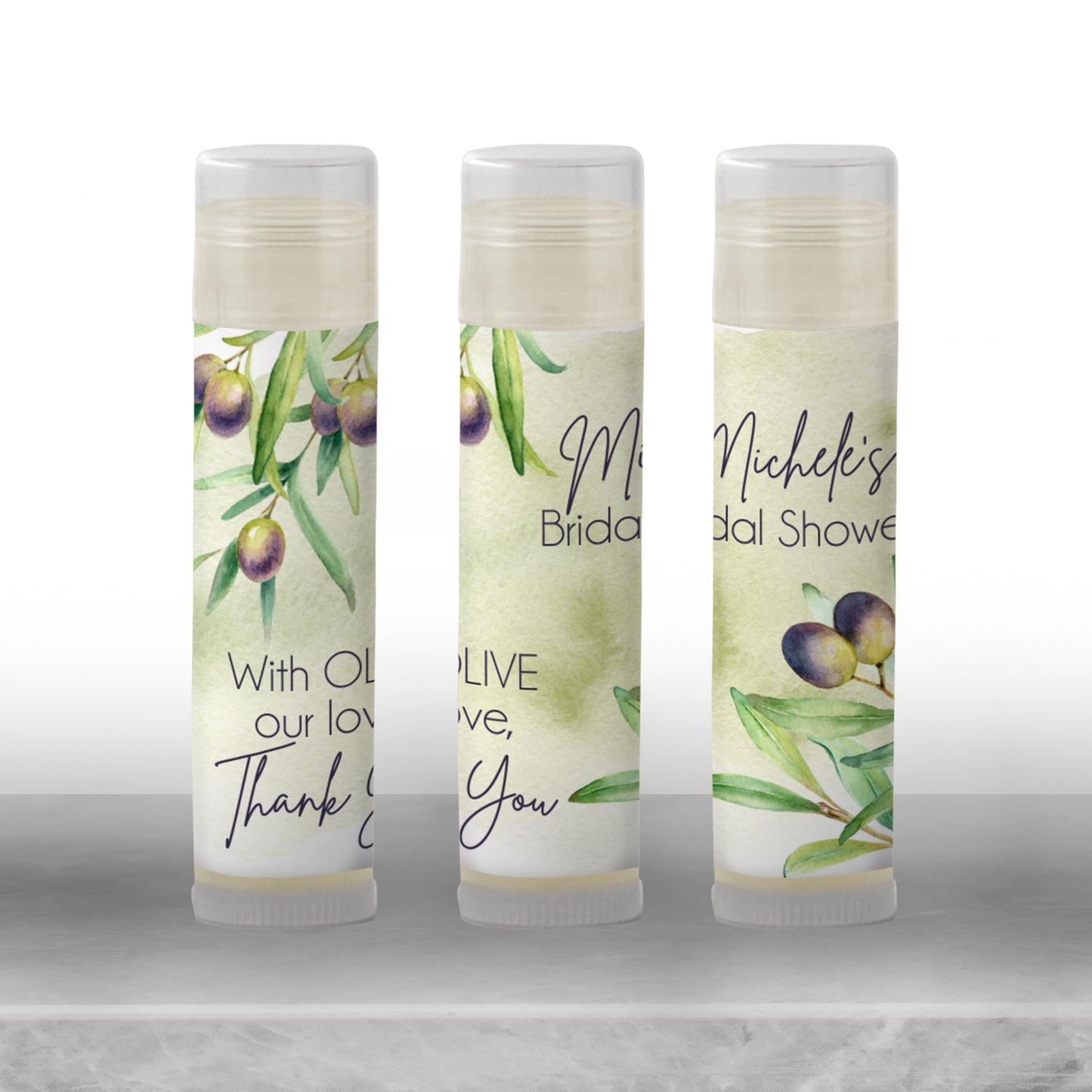 Olive Branch Bridal Shower Lip Balm Favors: Tuscan Greenery Wedding Guest Gift