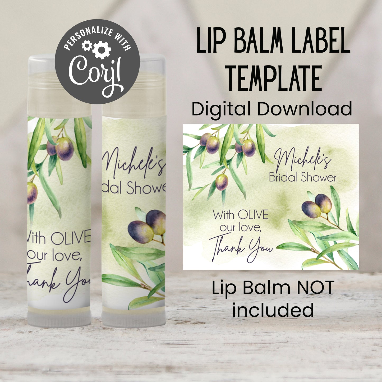 Olive Branch Bridal Shower Lip Balm Label Template: Tuscan Greenery Favor (Digital Download)