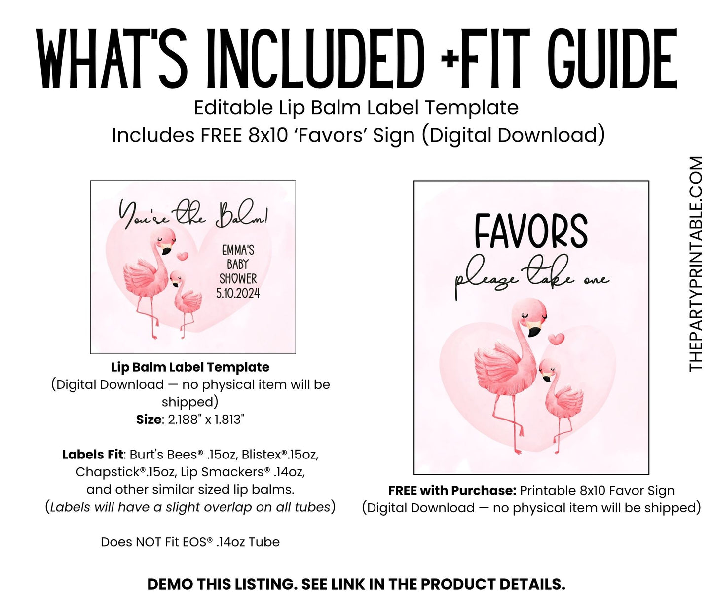 Flamingo Chapstick Label Template: Tropical Baby Shower, Pink Favor
