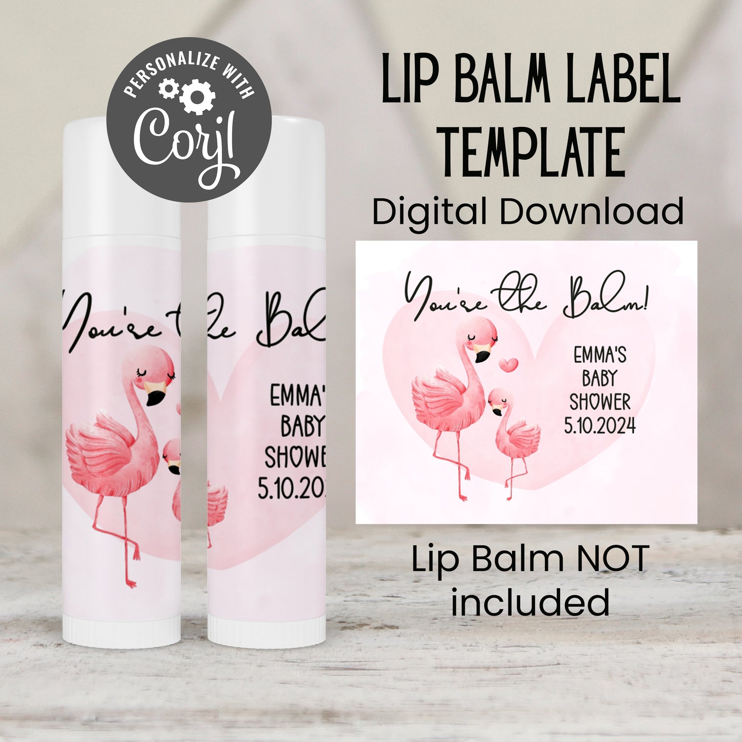 Flamingo Chapstick Label Template: Tropical Baby Shower, Pink Favor