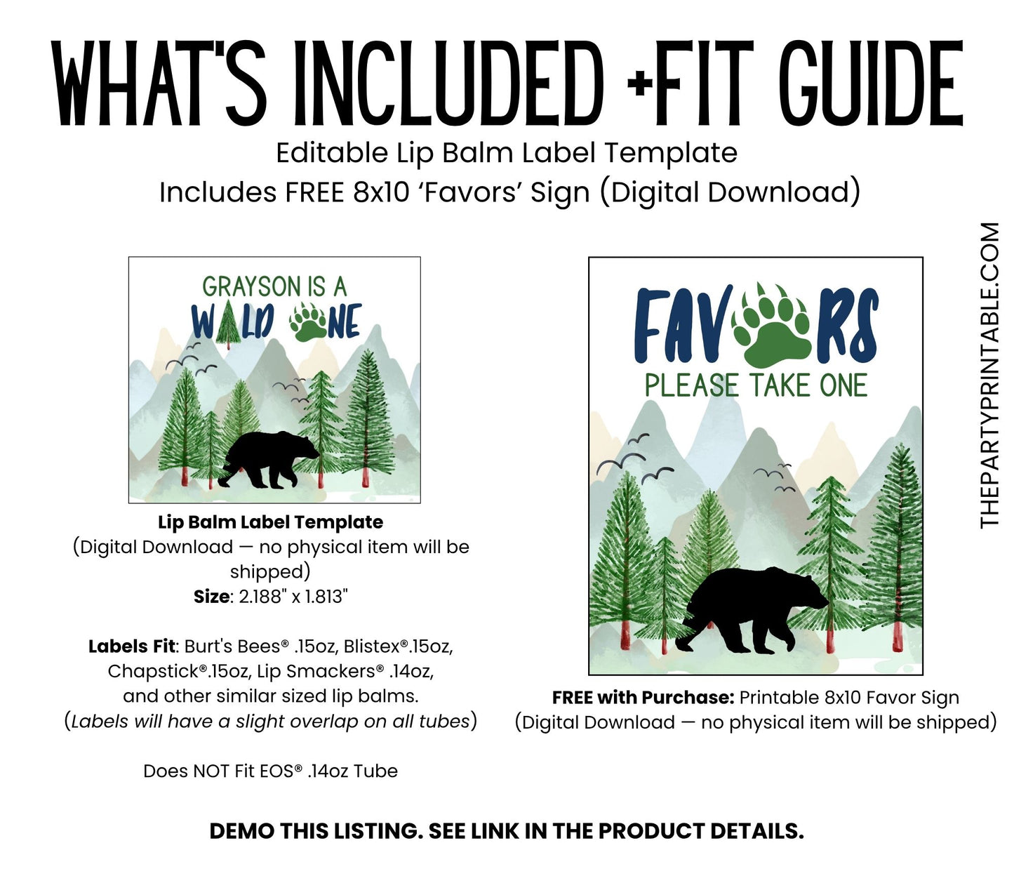 Wild One Lip Balm Label Template: Bear 1st Birthday, Adventure Party Favor