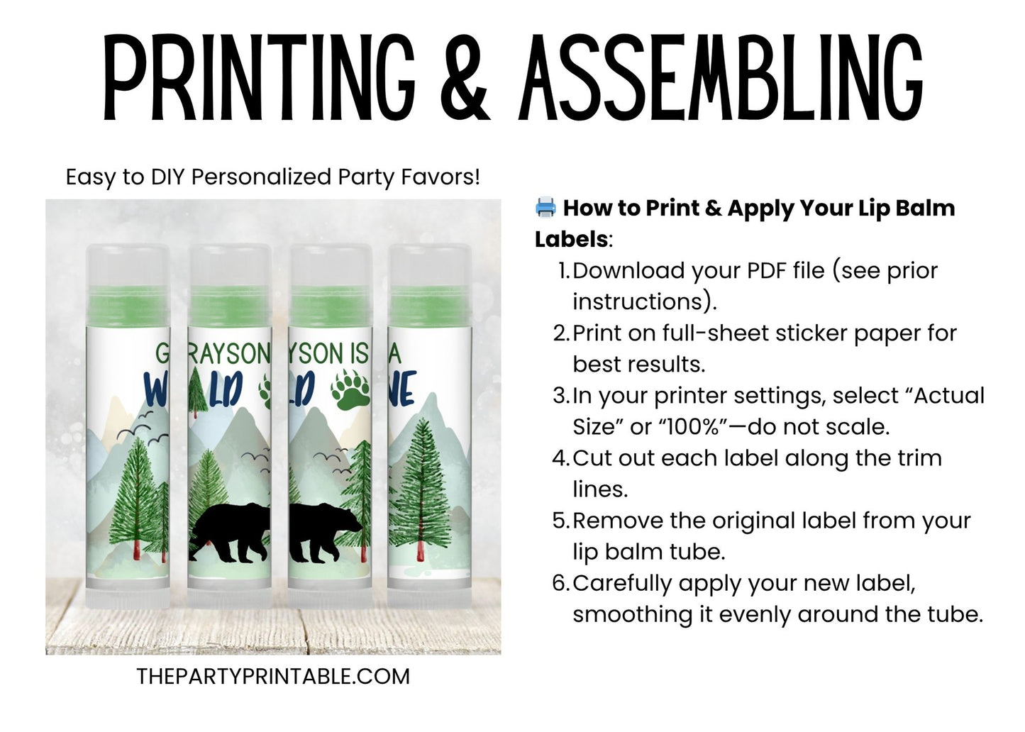 Wild One Lip Balm Label Template: Bear 1st Birthday, Adventure Party Favor