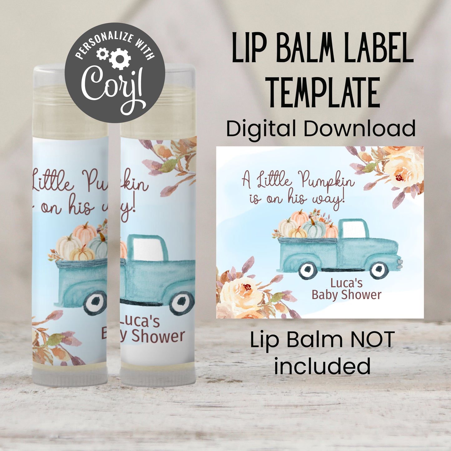 Blue Pumpkin Chapstick Label Template: Fall Baby Shower, Little Pumpkin Favor