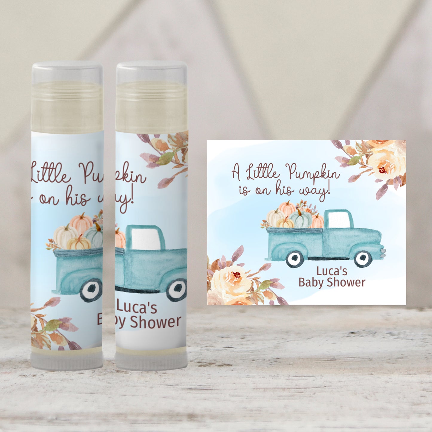 Blue Pumpkin Chapstick Favors: Fall Baby Shower, Little Pumpkin Gift