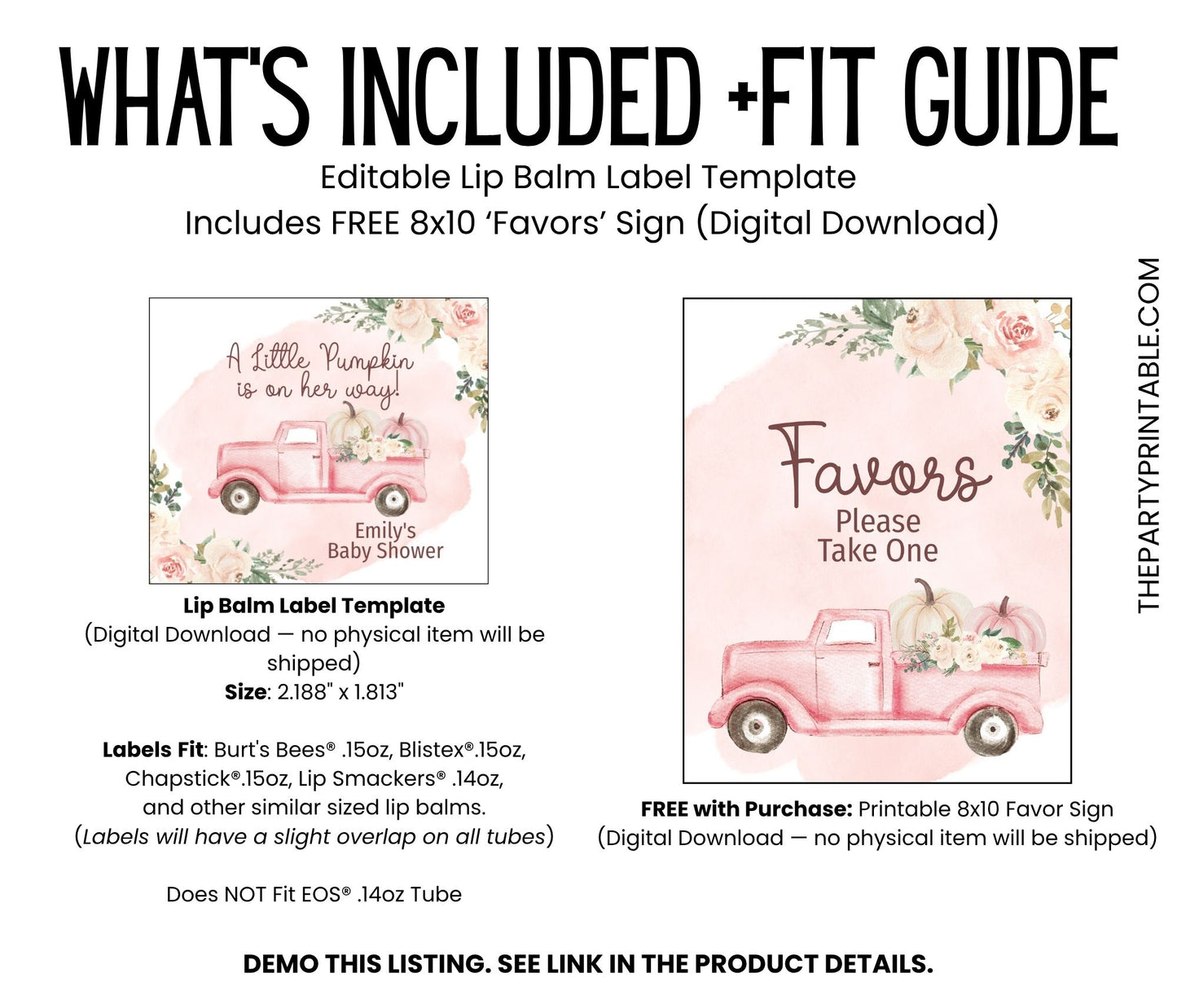 Pink Pumpkin Lip Balm Label Template: Fall Baby Shower, Little Pumpkin Favor