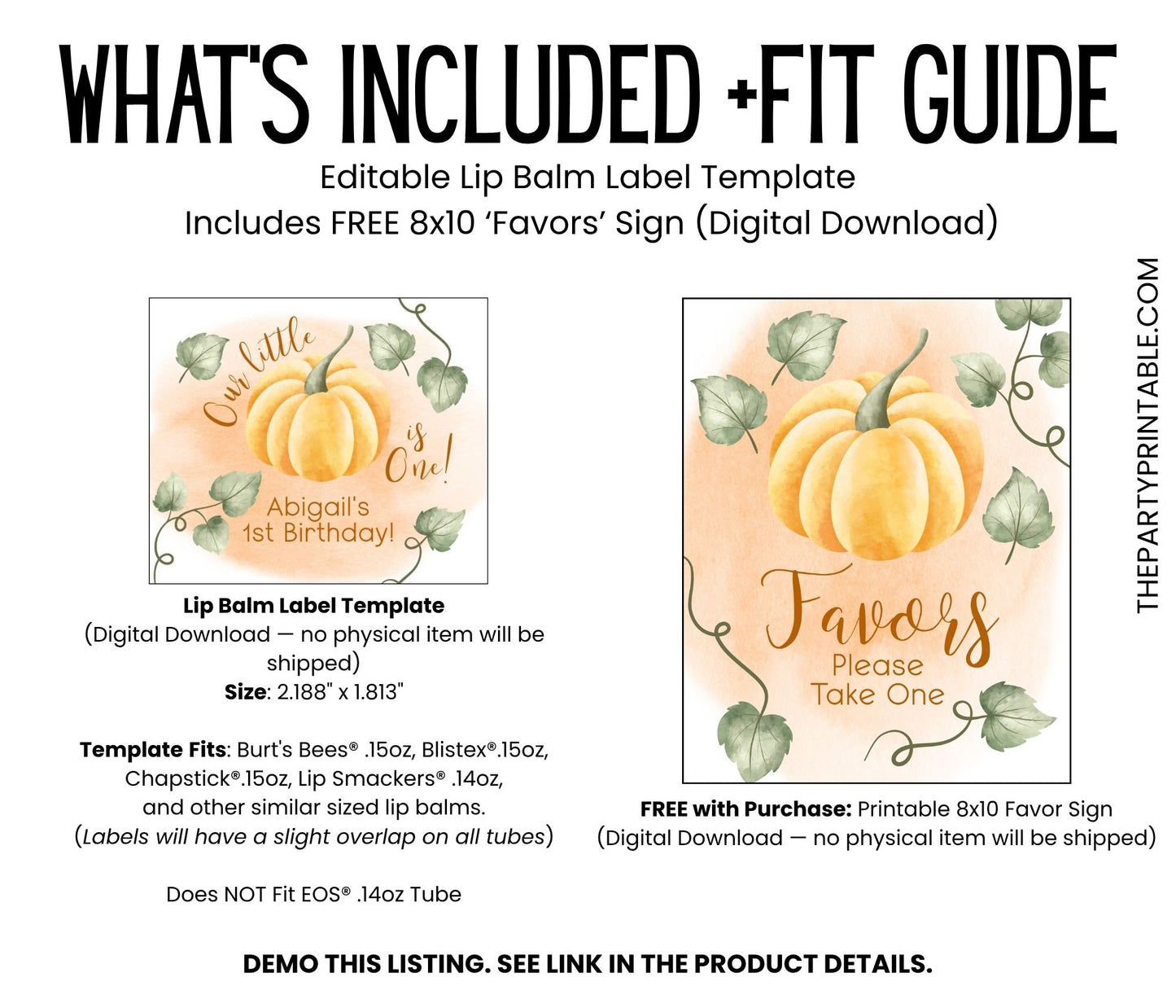 Our Little Pumpkin Is One Lip Balm Label Template: Fall 1st Birthday Favor (Digital Download)