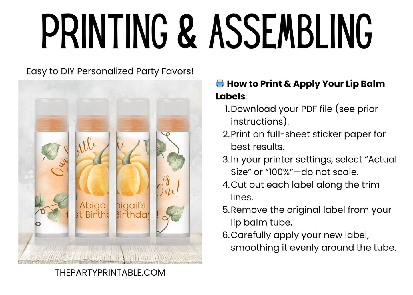 Our Little Pumpkin Is One Lip Balm Label Template: Fall 1st Birthday Favor (Digital Download)