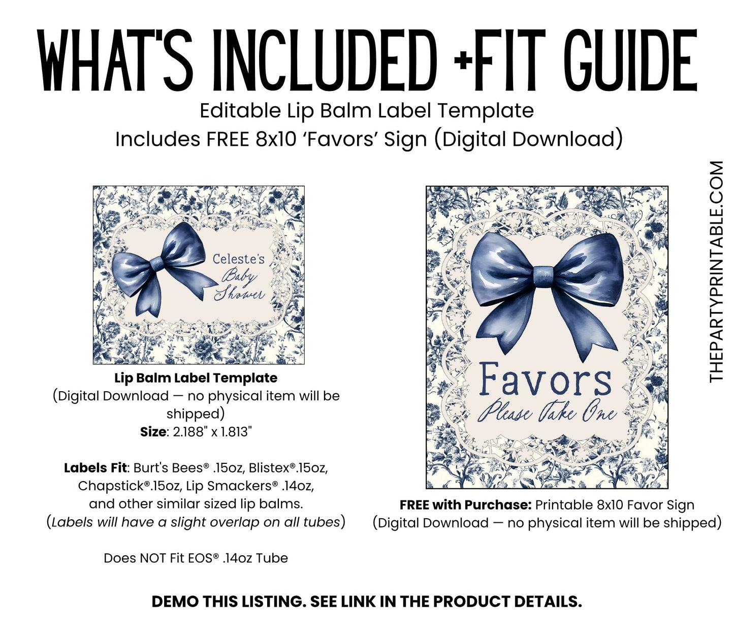 Blue Toile Lip Balm Label Template: Baby Shower, Vintage Floral Favor