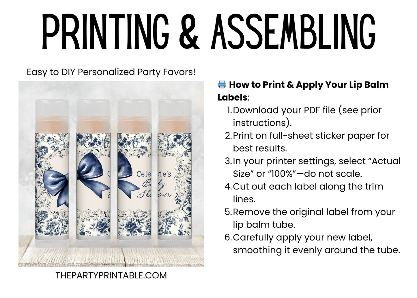Blue Toile Lip Balm Label Template: Baby Shower, Vintage Floral Favor