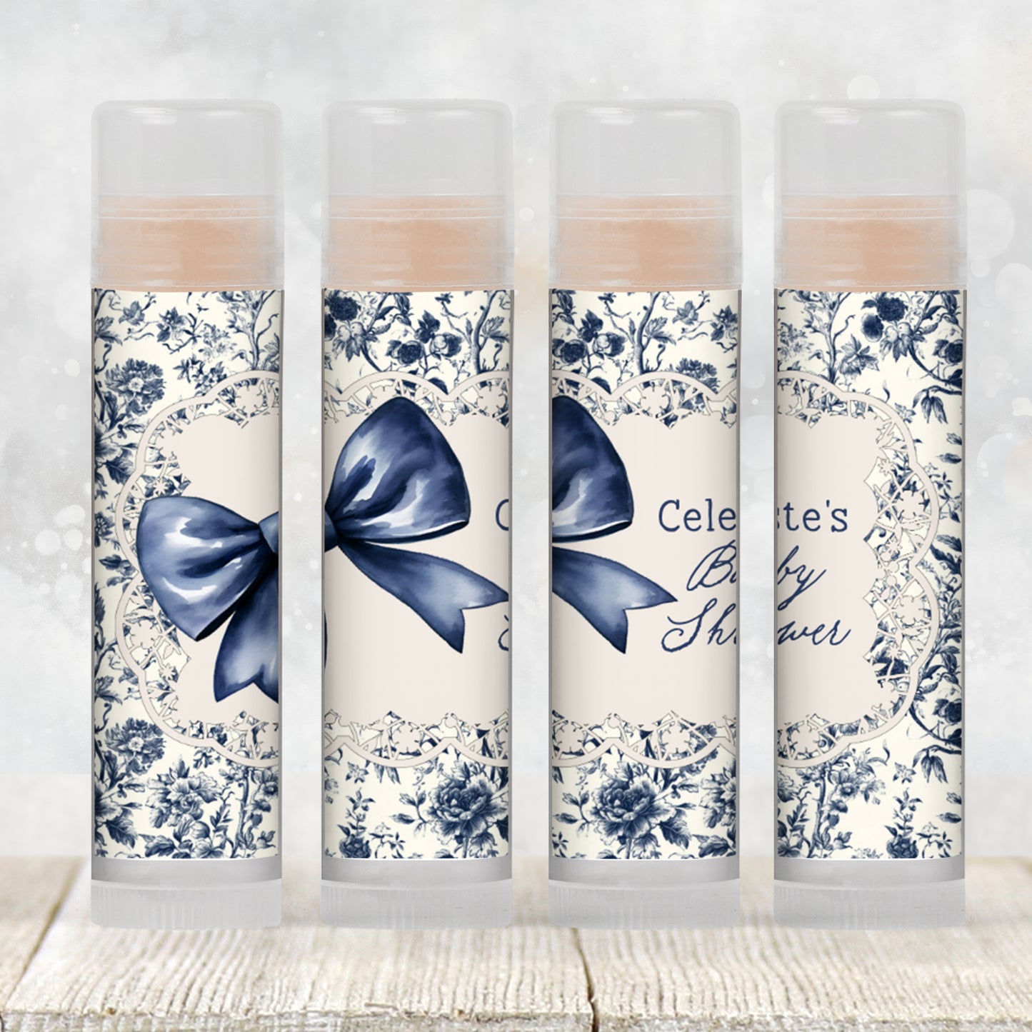 Blue Toile Lip Balm Label Template: Baby Shower, Vintage Floral Favor