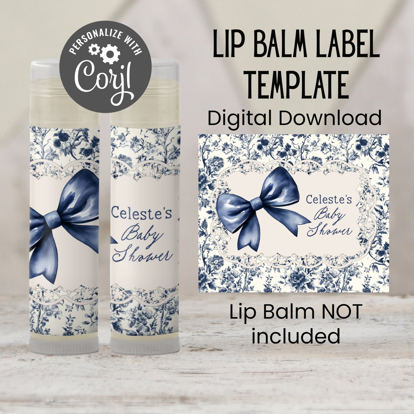 Blue Toile Lip Balm Label Template: Baby Shower, Vintage Floral Favor