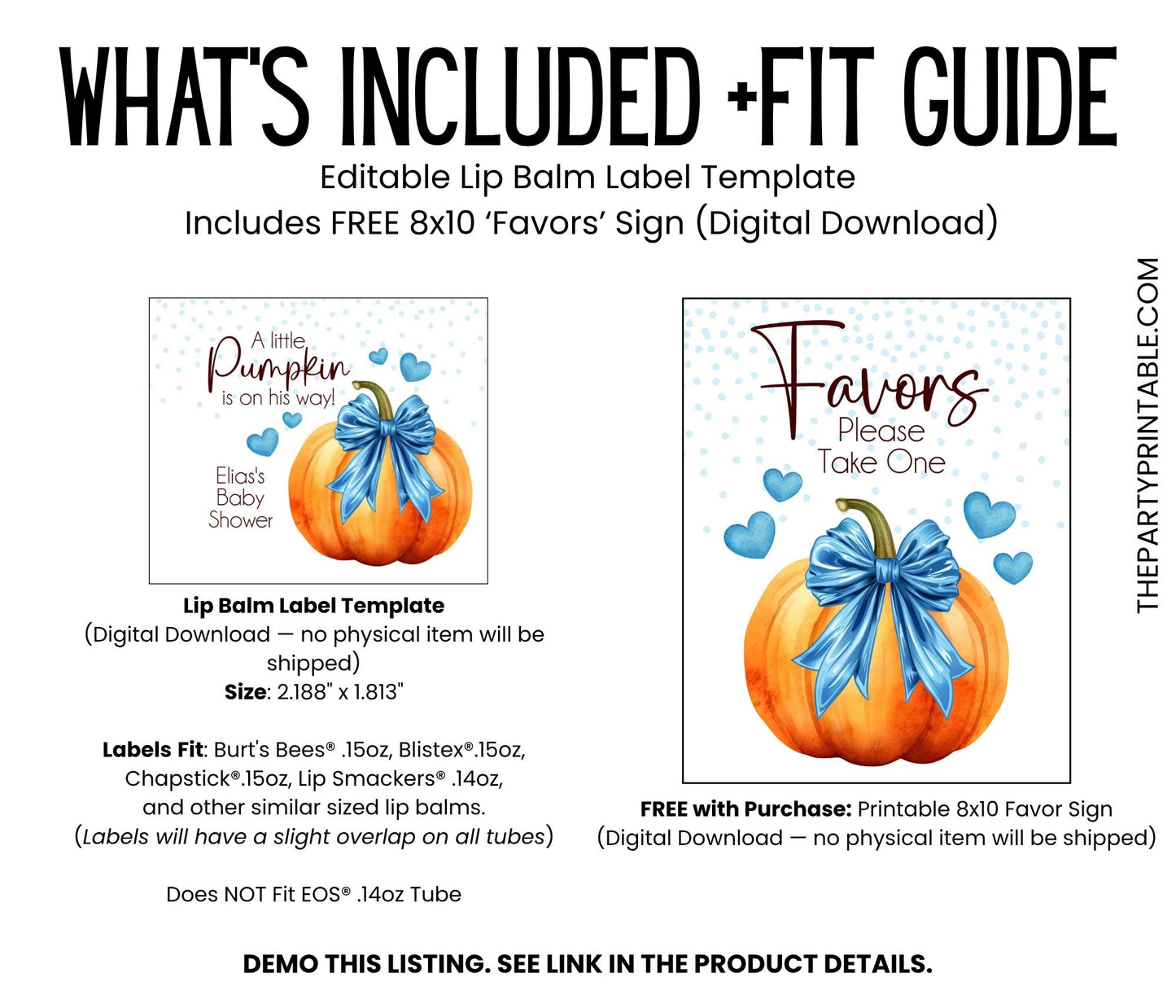 Pumpkin with Blue Bow Lip Balm Label Template: Baby Boy Shower, Fall Favor
