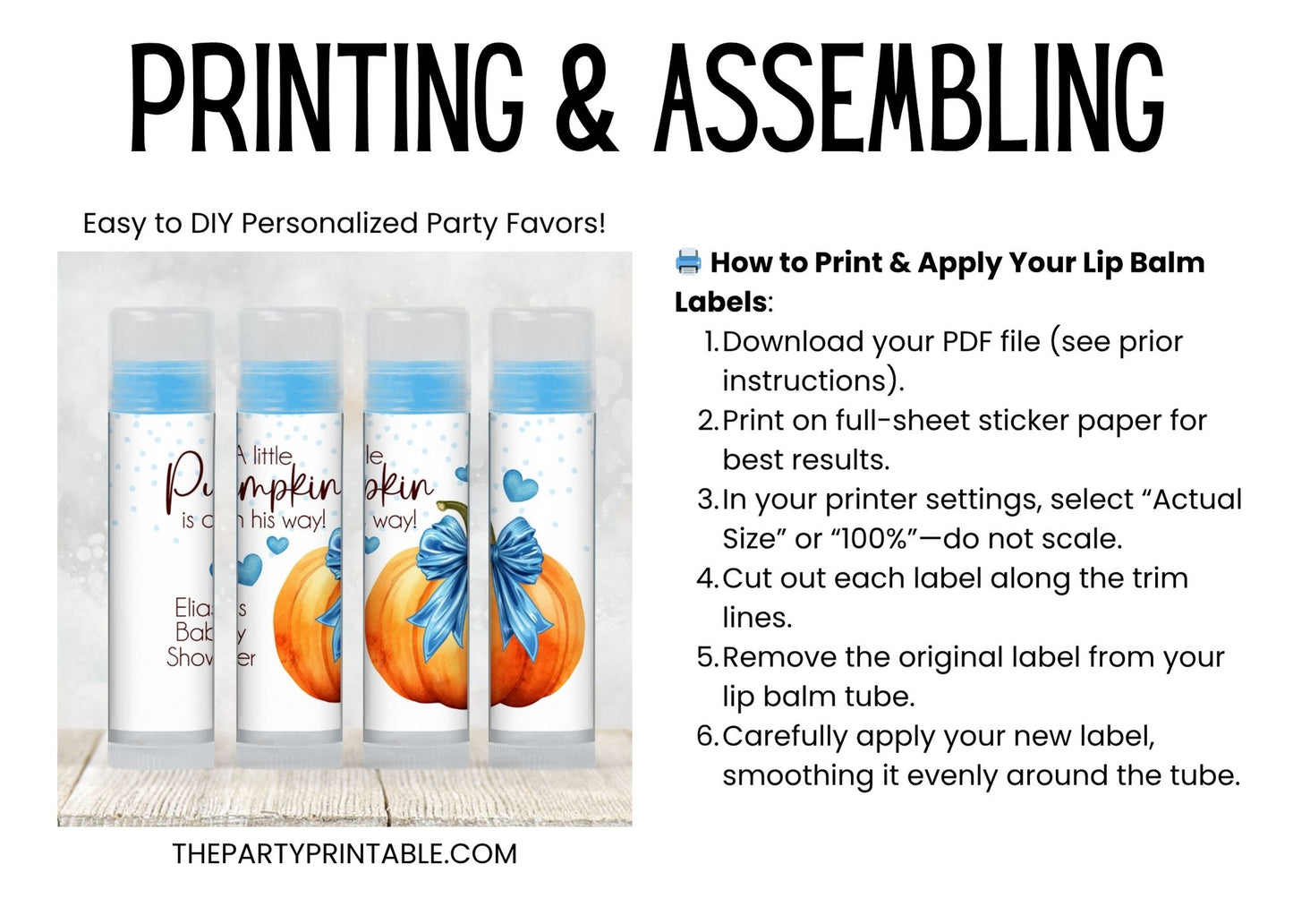 Pumpkin with Blue Bow Lip Balm Label Template: Baby Boy Shower, Fall Favor