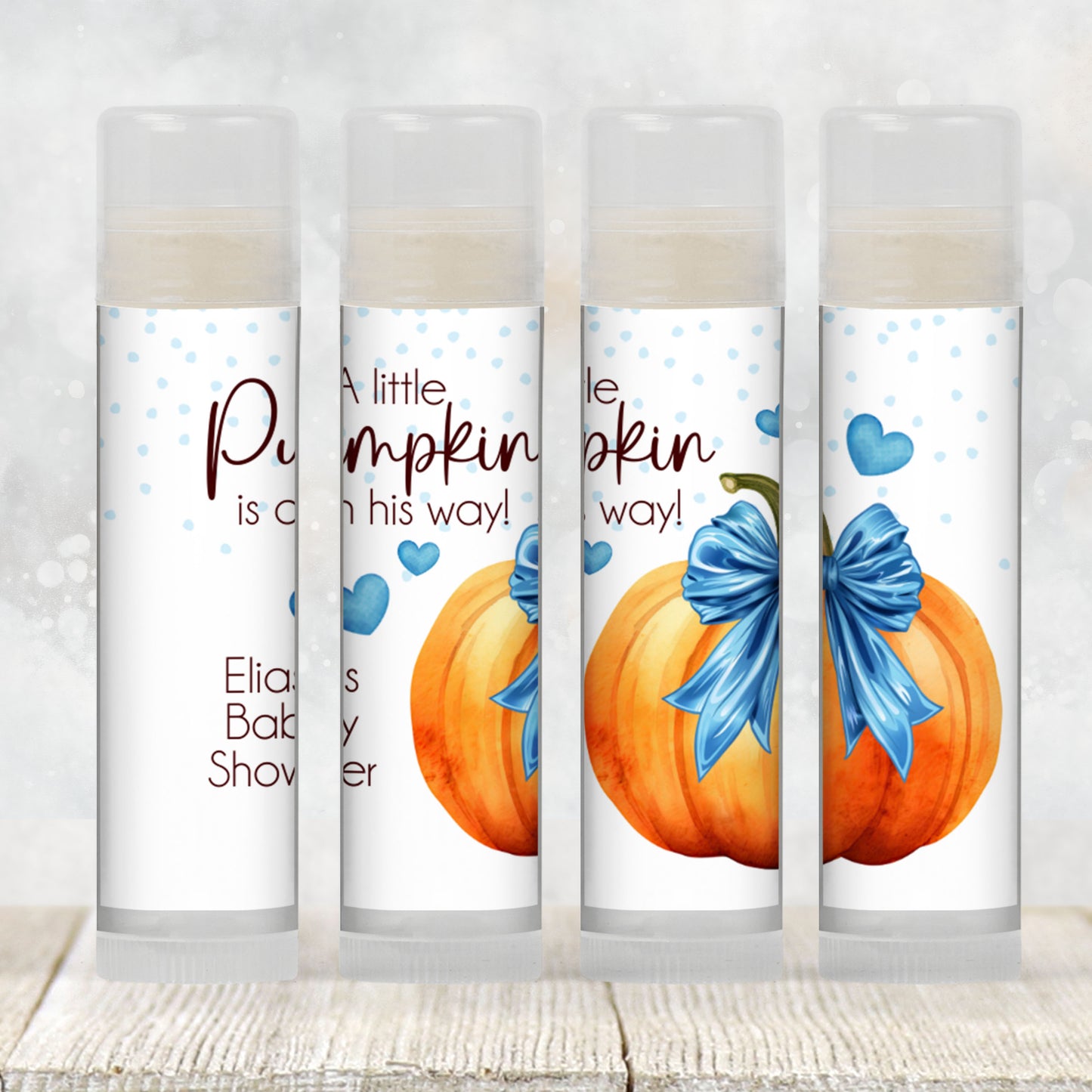 Pumpkin with Blue Bow Chapstick Favors: Baby Boy Shower, Fall Party Gift