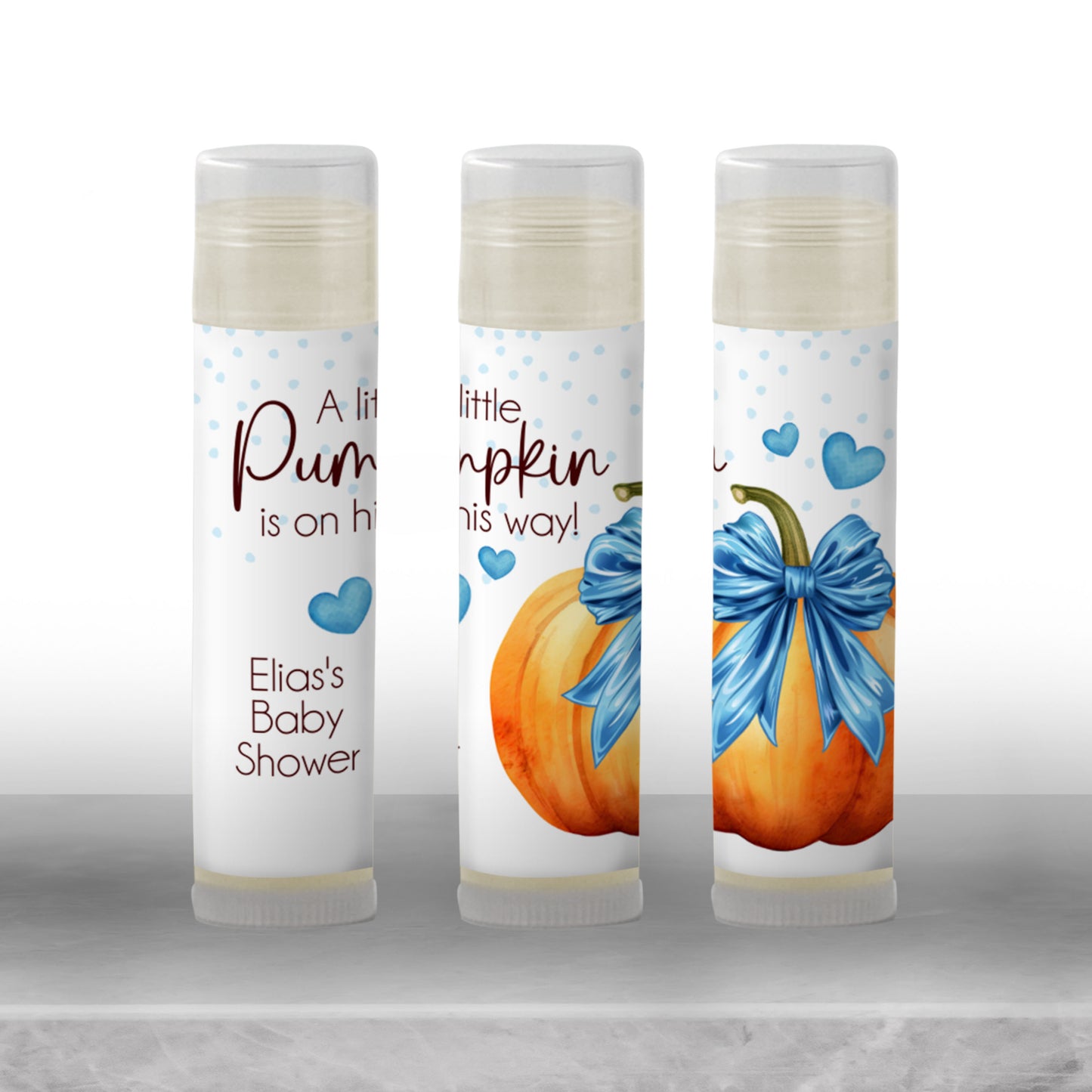 Pumpkin with Blue Bow Chapstick Favors: Baby Boy Shower, Fall Party Gift