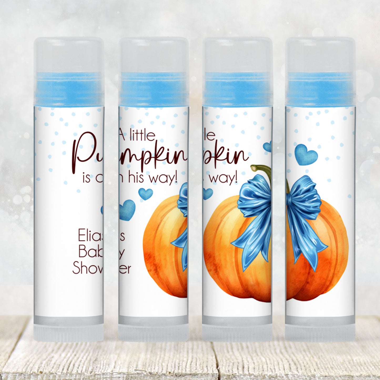 Pumpkin with Blue Bow Lip Balm Label Template: Baby Boy Shower, Fall Favor