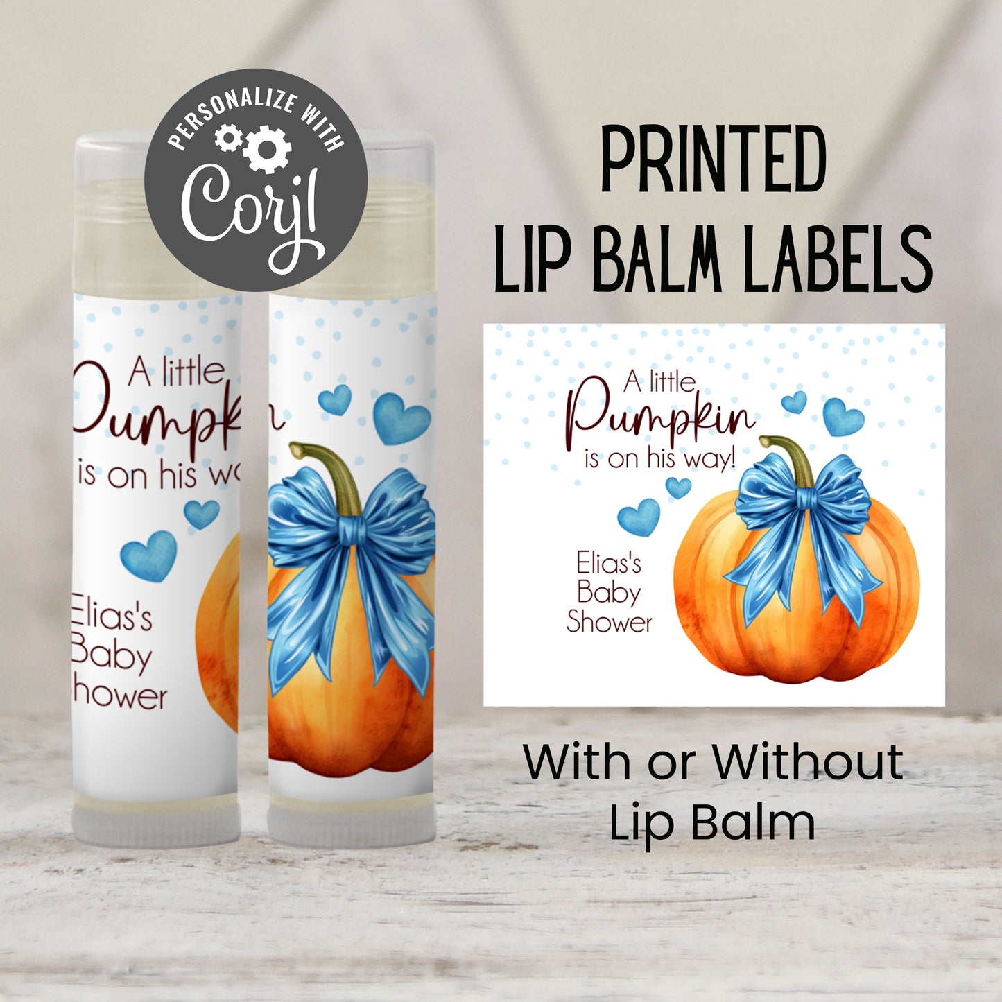 Pumpkin with Blue Bow Chapstick Favors: Baby Boy Shower, Fall Party Gift