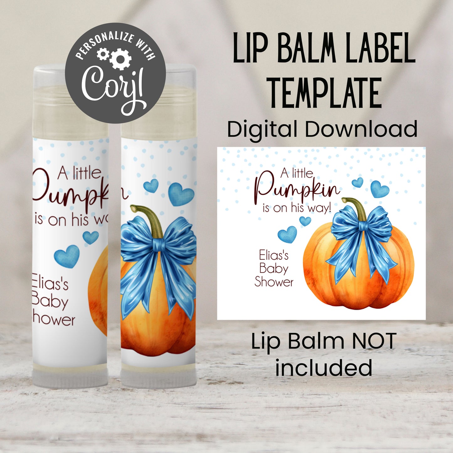 Pumpkin with Blue Bow Lip Balm Label Template: Baby Boy Shower, Fall Favor