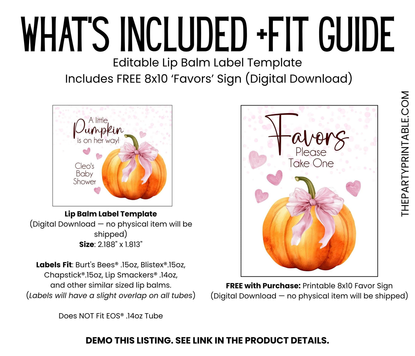 Pumpkin with Pink Bow Lip Balm Label Template: Baby Girl Shower, Fall Favor